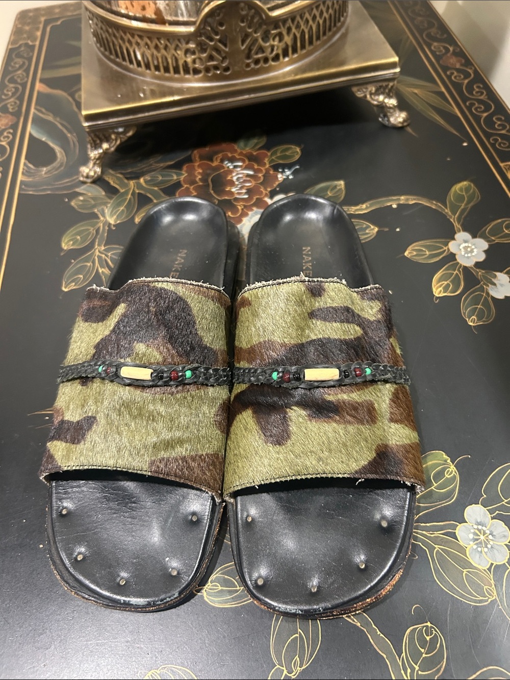 Naked Feet Green Camo Haircalf Slide Sandals with Bead Detail 8M